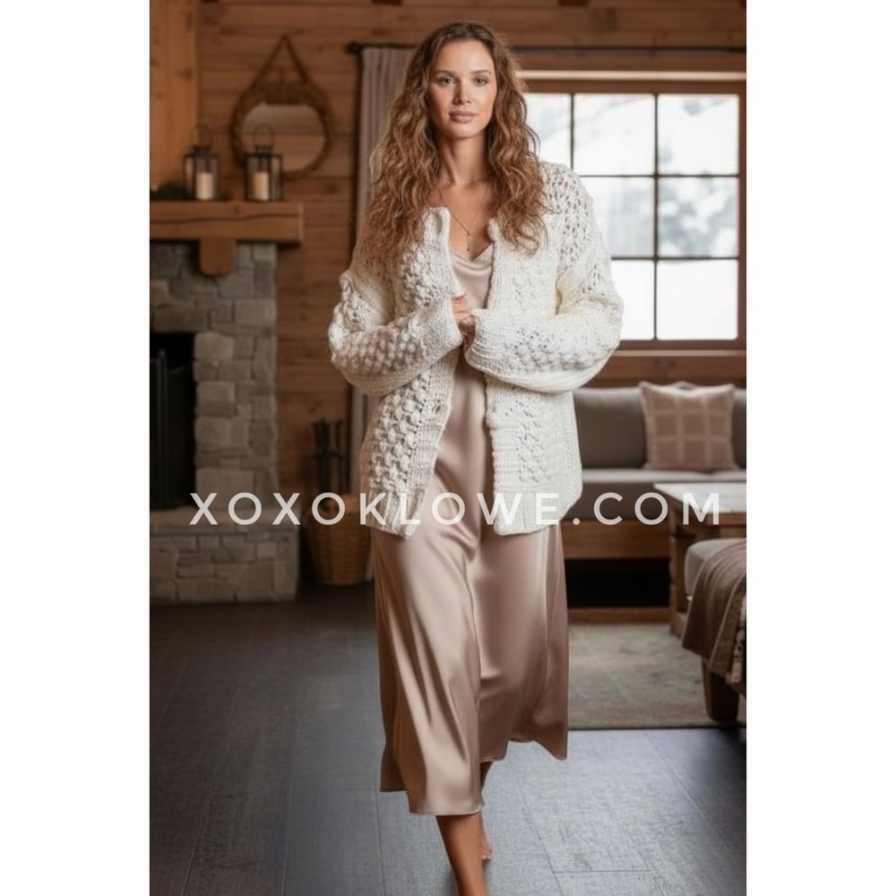 POL Ivory Bobble Stitch Crochet Cardigan | Button Front Knit - Picture 9 of 10